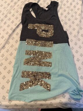 PINK Victoria's Secret Dark Grey and Light Blue Sequin Logo Tank